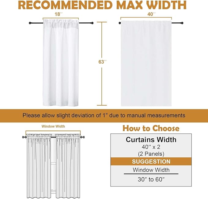 Aiyufeng Pure White Curtains for Bedroom 63 Inch Length 2 Panels Set, Room Darkening Window Treatment, Light Filtering Curtain Drapes, Soft Casual Rod Pocket Privacy Curtains, W40 x L63 Inch