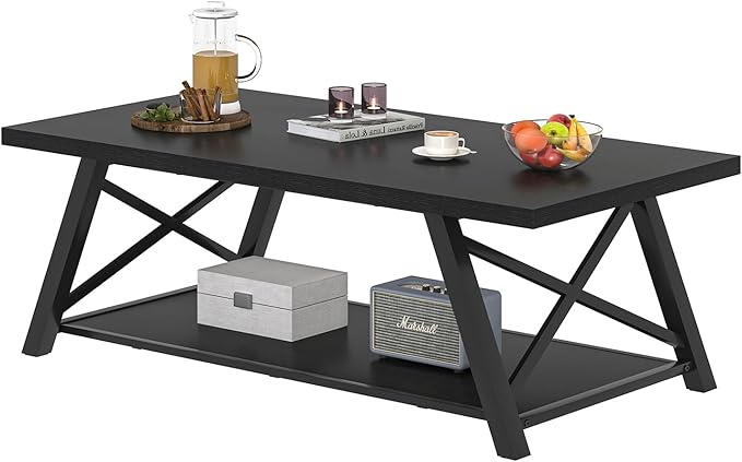 EXCEFUR Black Coffee Table, Modern Wood and Metal Center Table with Storage Shelf, Industrial Rectangle Cocktail Tea Table for Living Room, 47 Inch