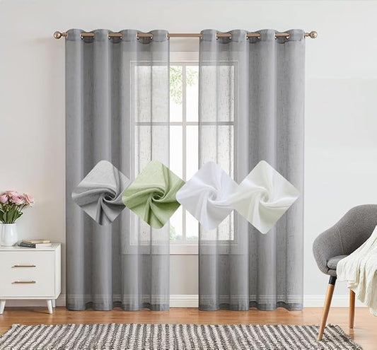 Randall Grey Linen Sheer Curtain Panel Pairs with Grommets/Eyelets Rustic Window Drape Treament Decoration for Living Room Bedroom Farmhouse, 54x63 Inch, 2 Panels