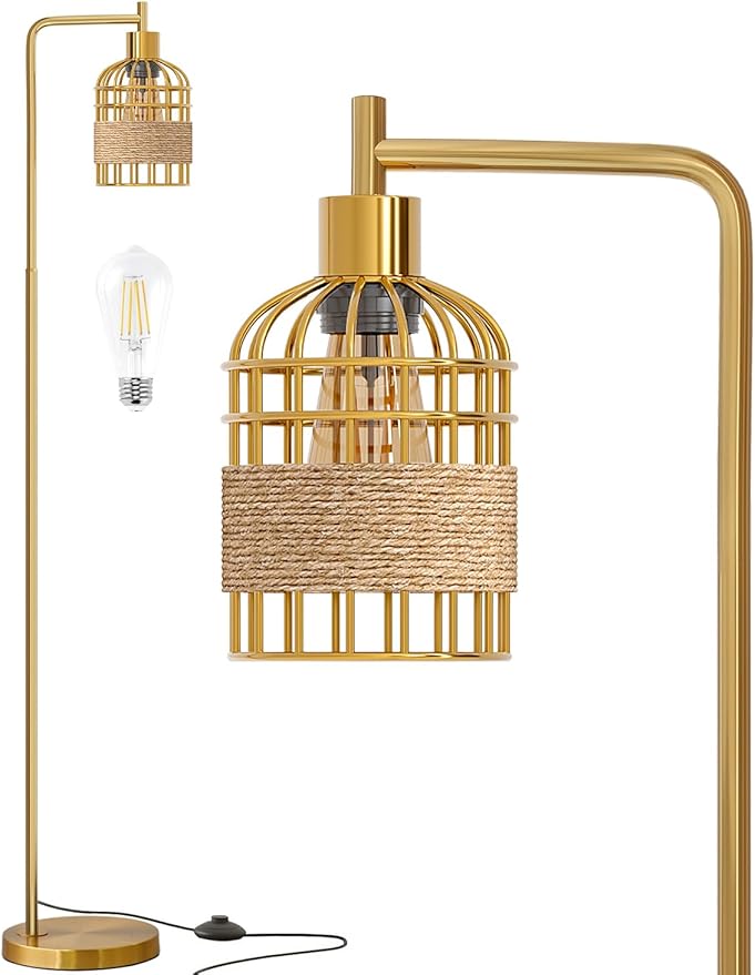 Oneach 66" Gold Floor Lamp for Living Room, Industrial Floor Lamp with LED Buld, Rattan Shade, Foot Switch, Minimalist Farmhouse Tall Standing Lamp for Bedroom, Office, Study Room