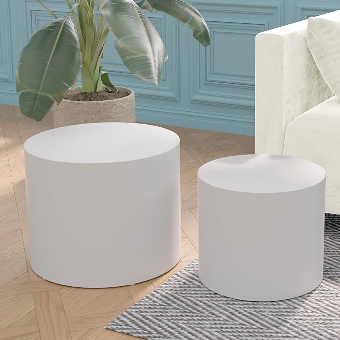 18.9”Round Nesting Coffee Table Set of 2,Wooden Circle Coffee and End Tables,Durable Accent Furniture,Modern Space-Saving Design for Small Living Room,Offices,No Assembling Needed,Matt White