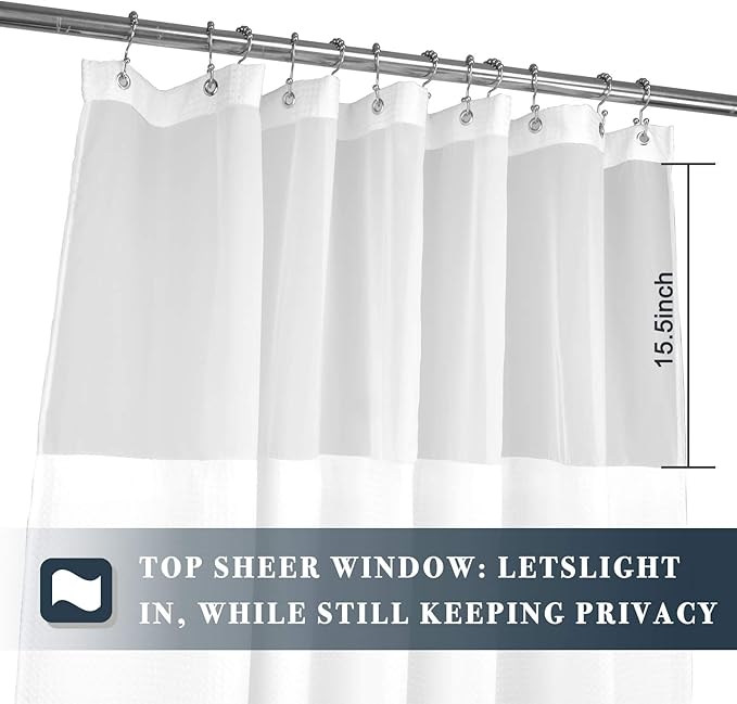 N&Y HOME 54 Inch Waffle Weave Shower Curtain with Snap-in Fabric Liner & 12 Metal Hooks Set - 54" x 72" Shower Stall Size, Hotel Style & Mesh Top Window, Machine Washable - White, 54x72