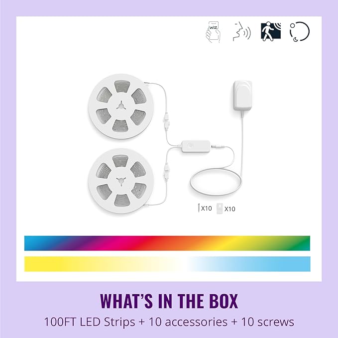 WiZ Connected Smart Light Strip - Sunset to Sunrise Automation + Preset Light Modes + Control with Voice or App, Full Color RGB, 100 ft Cut to Fit