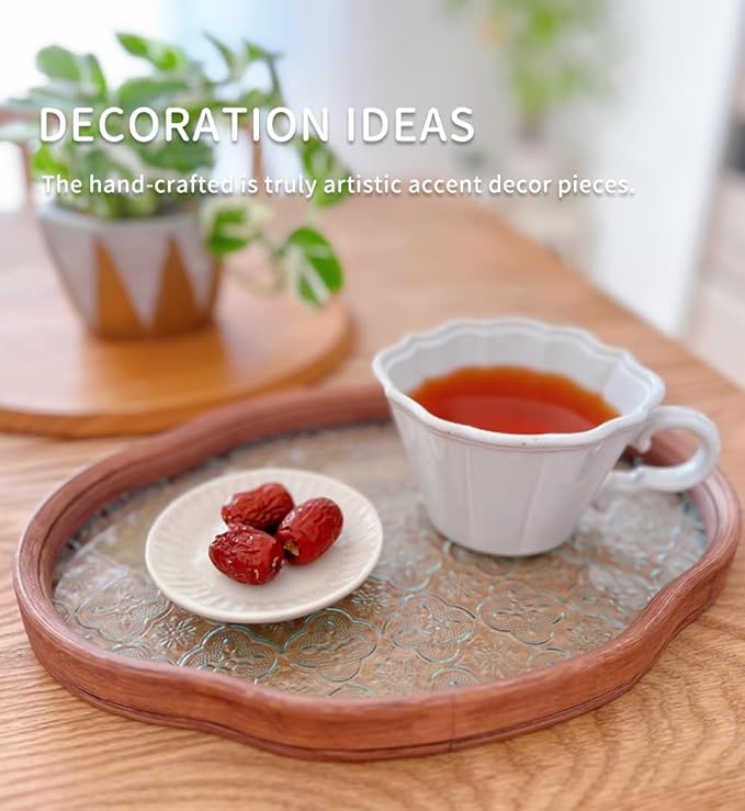 IwaiLoft Glass Serving Tray with The Crabapple Pattern Glass and Walnut for Kitchen Countertop Home Decor for Coffee Table, Also Suitable for Tea Coffee Decorative Trays (Clear,11.4" x 7.8" x 1")
