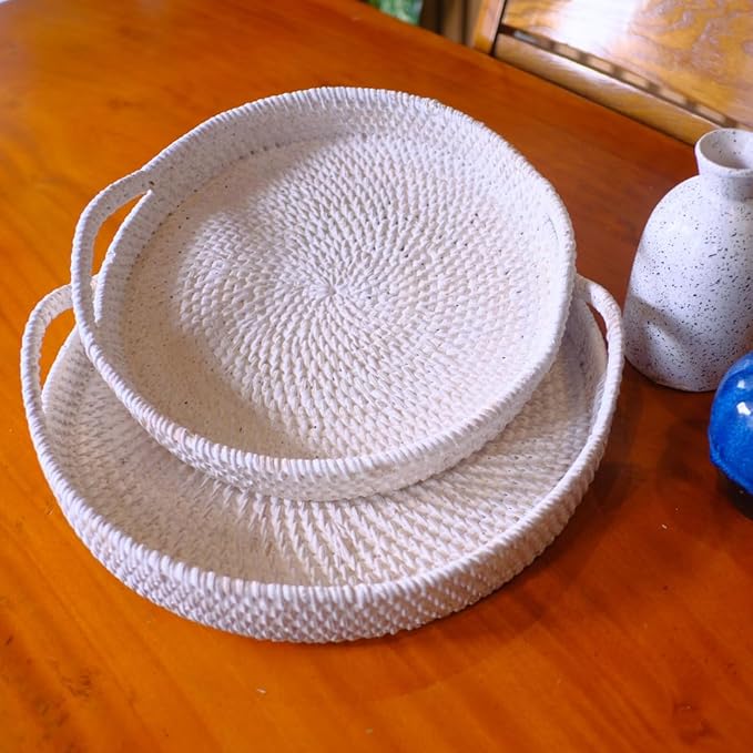 White Wash Round Rattan- Handmade Serving Tray-Decorative Woven Ottoman-Trays with Handles for Coffee Table Natural Basket Wave Tray (L- 13.7 Inch & M-11.8 Inch), Brown