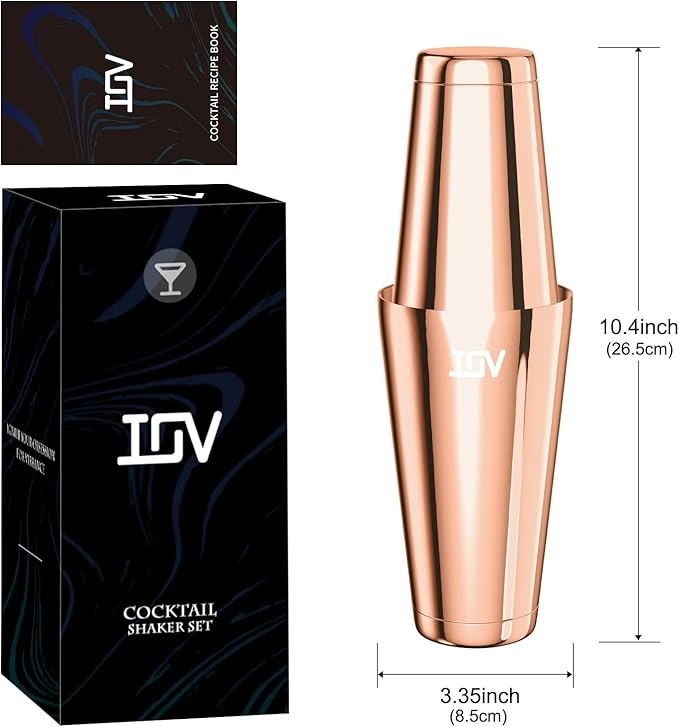 IOV Boston Cocktail Shaker Set, 18oz & 28oz Stainless Steel Weighted Shaker Tins, Metal Martini Drink Mixer for Bartending, Professional Bar Tools with Cocktail Recipe Guide, Rose Gold
