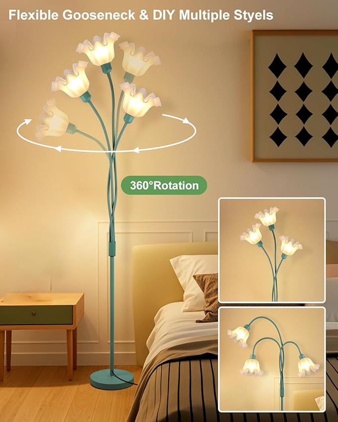Lightdot Flower Floor Lamp for Living Room, Cute Corner Floor Lamp with Adjustable Goosenecks, 3 Light Standing Lamp with Bulbs Included, LED Tall Floor Lamps for Bedroom Kids Room(Green)