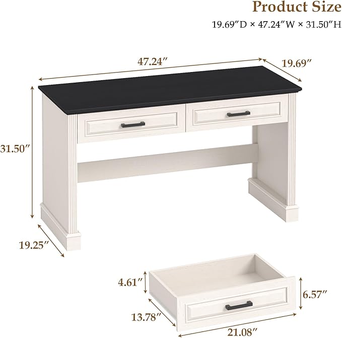 Farmhouse Executive Desk 48 Inch Computer Desk with 2 Drawers Simple Home Office Writing Desk Workstation for Bedroom Study Small Spaces, White and Black