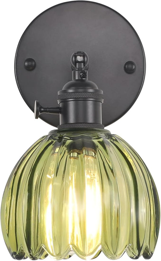 Vintage Wall Sconce with Cute Green Tulip Glass Lampshade 180 Degree Adjustable Black Sconce Hradwired Modern Wall Lighting Fixture with Switch for Bedside Bedroom Doorway