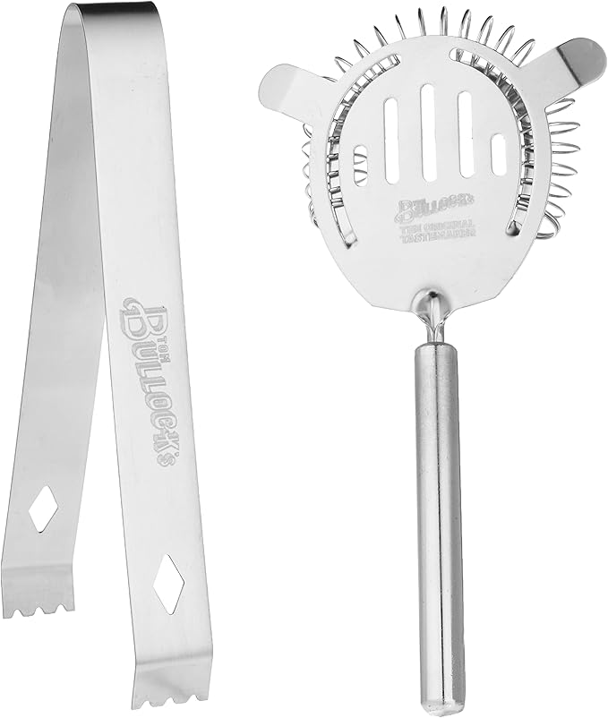 5 pc. Cocktail Shaker Bar Set by Tom Bullock's, The Original Tastemaker: 25 oz Stainless Steel Shaker, Double Measuring Jigger, Stirrer/Mixer Spoon, Strainer and Ice Tongs. Become The Ideal Bartender!