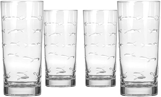 Rolf Glass School of Fish Highball Glass | Set of 4 15oz Cooler Glasses | Lead-Free Engraved Glass with Heavy Base | Proudly Made in the USA