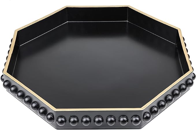 Black Serving Tray for Coffee Table, Octagonal Beaded Plastic Decorative Tray for Ottoman, Kitchen Counter, Living Room, Outdoor Lacquer Tray for Entertaining