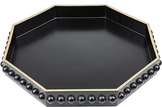 Black Serving Tray for Coffee Table, Octagonal Beaded Plastic Decorative Tray for Ottoman, Kitchen Counter, Living Room, Outdoor Lacquer Tray for Entertaining