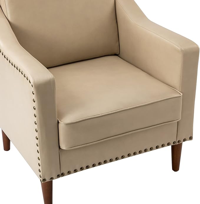 HULALA HOME Faux Leather Accent Armchairs Set of 2 with Back & Seat Cushions, Traditional Club Chairs with Nailhead Trim, Comfy Upholstered Sofa Chairs for Living Room Bedroom, Beige