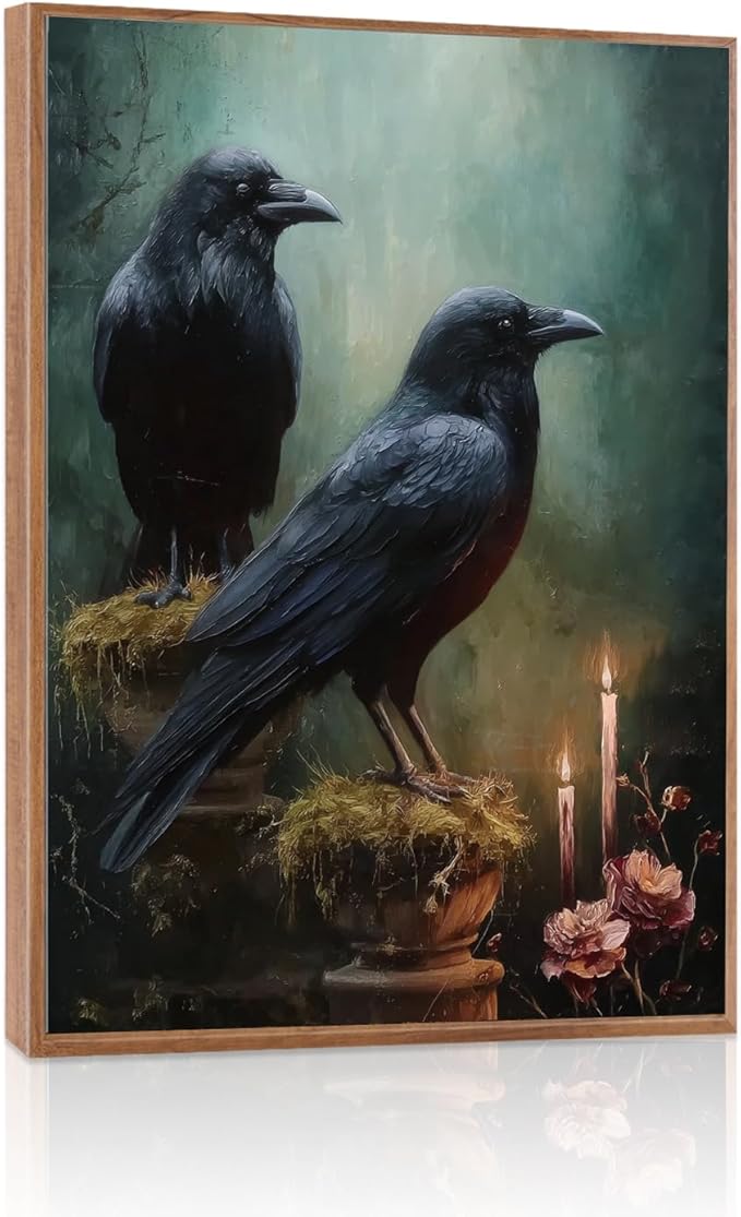 LHIUEM 12”X16”Black Crows Halloween Framed Decor Gothic Crows Canvas Wall Art Dark Academia Crow Decor Twilight Party Decorations Vintage Halloween Raven Wall Art Victorian Goth Pictures for Home