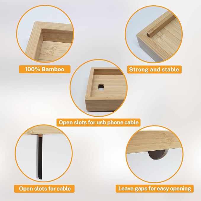 Bamboo Cable Management Box, Large Cord Organizer Box Cable Box to Hide Wires & Power Strips for Desktop Storage Cord Holder for Office Home,No Assembley Required