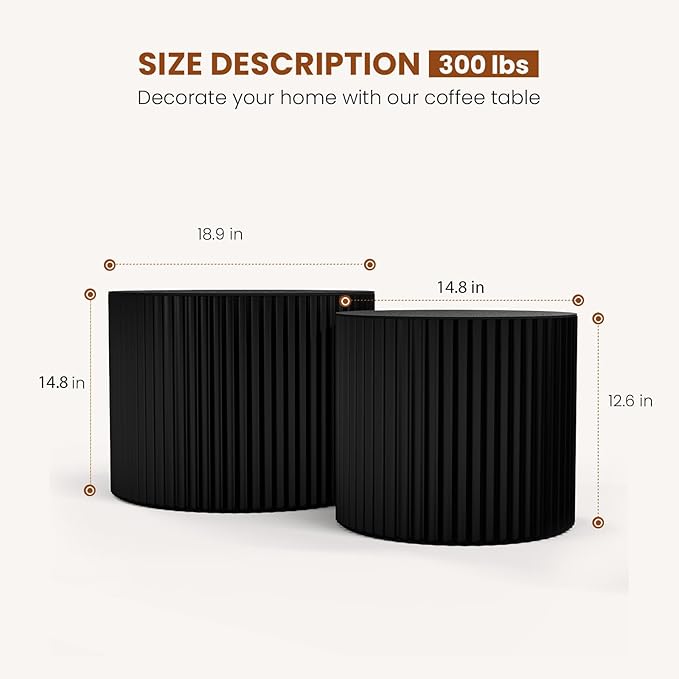 Round Wood Coffee Table Set of 2 Modern Circle Nesting Coffee Table Handcrafted Drum Nesting Table Nesting Coffee Tables for Living Room for Small Space (Black (D18.9+D14.8 inch))