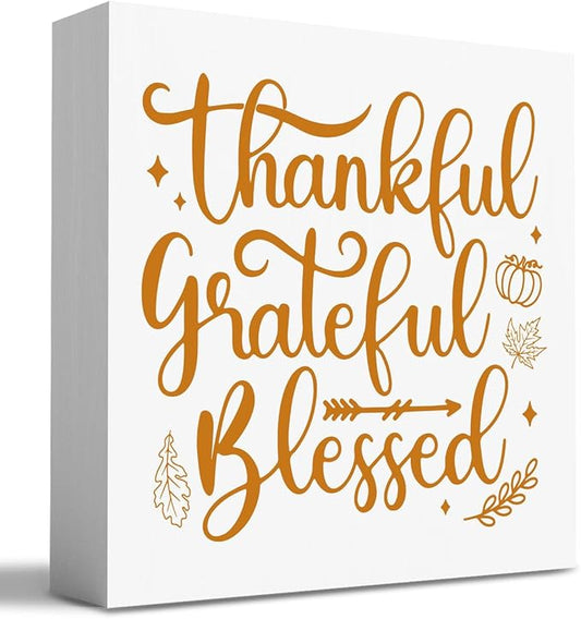 HTBIG Thanksgiving Decor Thankful Gratefulbl Blessed Home Desktop Wooden Box Signs Applies To Room Indoor Office 5 x 5 Inch