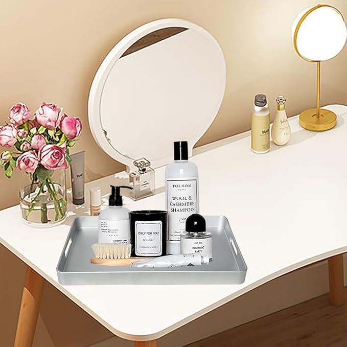 Serving Tray with Gold Trimming,Rectangular Sturdy Serving Trays with Handles, Coffee Table Tray Plastic Tray for Ottoman Living Room, Bathroom,Home Decor 15.7" L x 10.2" W x 1.57" H(Silver)