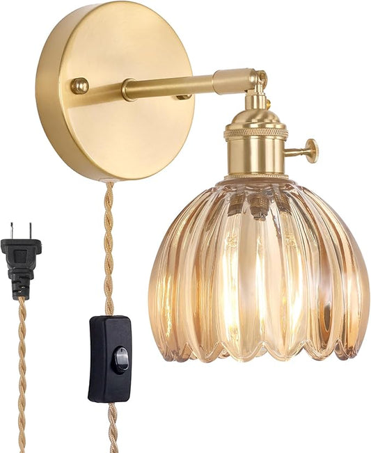 Plug in Wall Sconce,Cute Amber Tulip Glass Lampshade Wall Light Plugin Corded for Bedside Bedroom Doorway