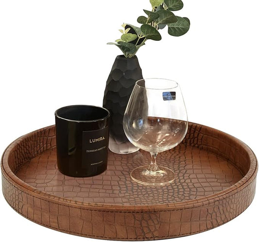 HofferRuffer Faux Leather Round Serving Tray, Vegan Croco Leather Decorative Food Tray for Storage Drinks, Snack & Cosmetics, Dia.12'' x 1.6'' (Antique Brown)