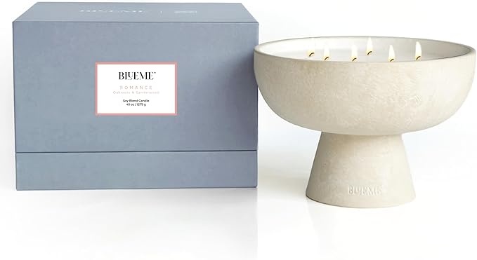 BLUEME Oakmoss & Sandalwood, Luxury Candle w/Essential Oils, 6 Wick, Hand-Poured Soy, Cotton Wick, Ceramic