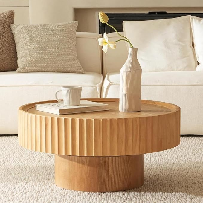 Round Coffee Table, Modern Living Room Tables with Mushroom Shape and Grooved Design, Large Coffee Tables, Circle Pinewood Center Table for Living Room (Nature Wood, 30.3''L×13.7''H)
