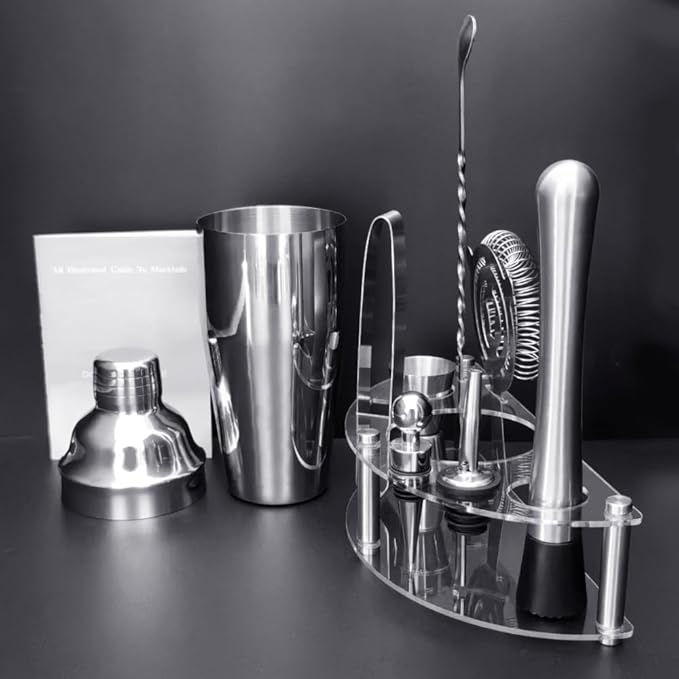 9Pcs/Set Cocktail Shaker Set with Stand, 750ml (25oz) Cocktail Shaker Bartender Kit: Bar Tool Set, Drink Mixing Includes Shakers Strainer Jigger Bar Mixer Spoon Muddler Pourer Bottle Stopper (Silver)