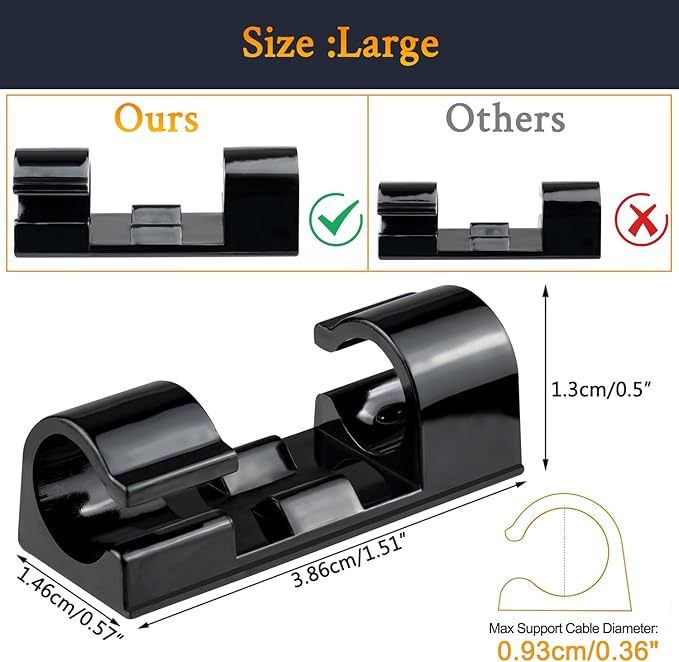 SOULWIT 50 Pcs Self Adhesive Cable Management Clips, Cable Organizers Sticky Wire Clips Cord Holder for TV PC Laptop Ethernet Cable Desktop Home Office (Black)