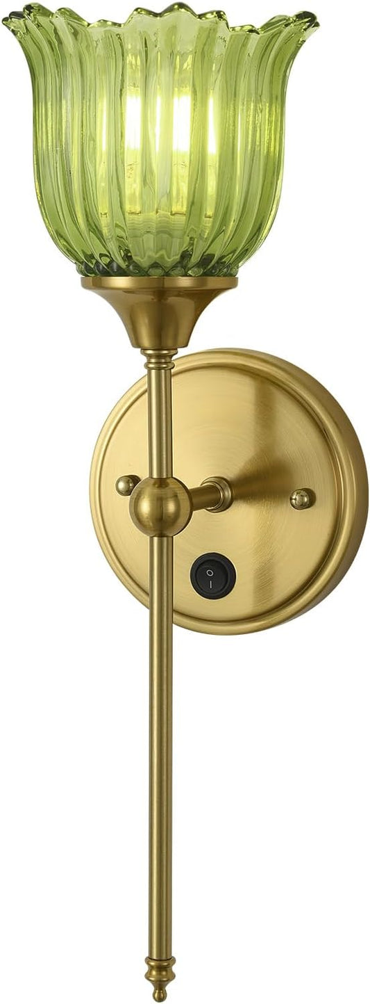 Modern Wall Sconces with Green Flower Glass Shade 1 Pack, Mid Century Bathroom Vanity Wall Light Fixtures Gold Vintage Wall Lights with Switch for Mirror Bedroom Living Room