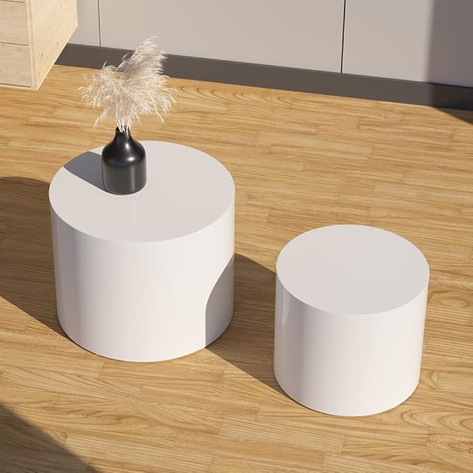 Round Coffee Table Set of 2, Nesting Coffee Table and End Table Set Wood Small Circle Drum Side Table for Living Room Office, No Assembly,White