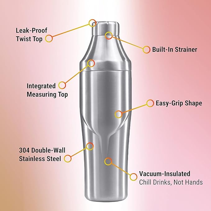 Lexenic Cocktail Shaker with Measurement Lid - Vacuum Insulated (Grey Butterfly)