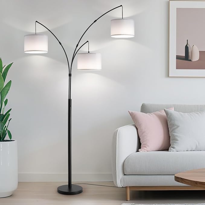 Floor lamp with Remote, 3 Light Arc Floor Lamps for Living Room, 2400LM Tall Standing Floor Lamps with White Shades, 80" Large Floor Lamp for Bedroom, Office