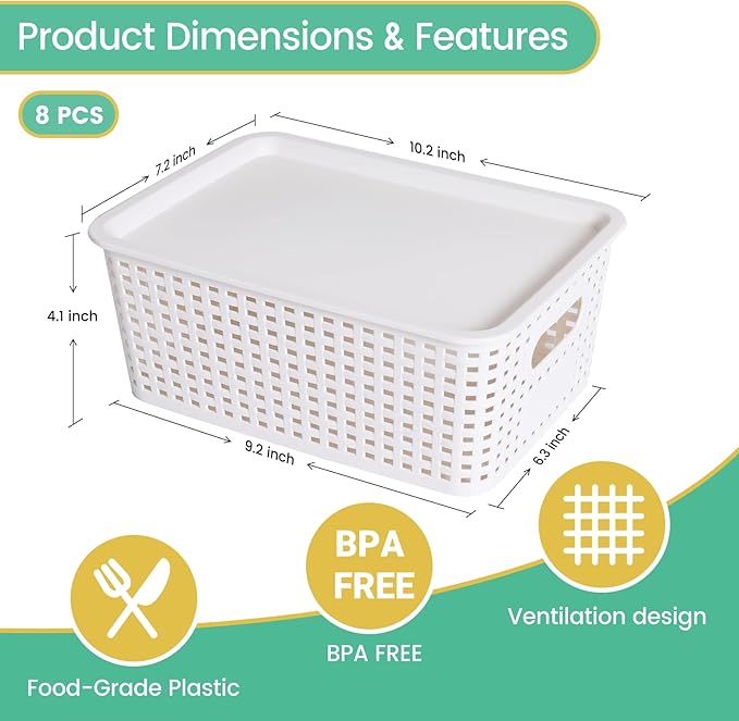 Plastic Storage Baskets with Lid - Plastic Storage Containers Stackable Storage bins: Storage Baskets for Organizing Shelves Drawers Desktop Closet Playroom Classroom Office, 8 Pack-White