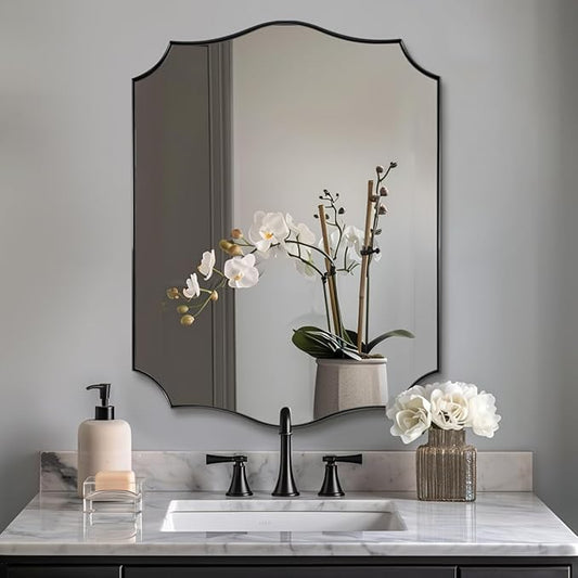 ANDY STAR Matte Black Bathroom Mirror, 24x32 Inch Scalloped Mirror for Bathroom, Black Irregular Mirror in Premium Stainless Steel 1“ Frame, Unique Wavy Shape, Italian Style