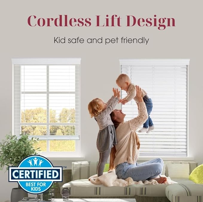 Blinds House Solution, Customizable Faux Wood Horizontal Cordless Window Blinds - 2 Inch Slats - White, Outside or Inside Mount, Cordless Faux Wood Blinds-Custom Window Blinds