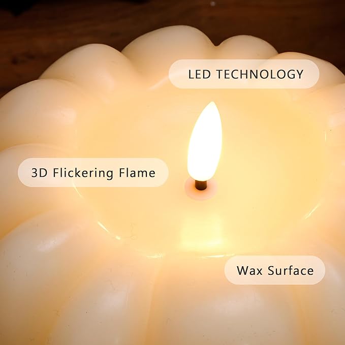 Fall Flameless Led Pumpkin Candles with Remote, Real Wax Pumpkin Shaped Battery Operated Flickering Candles with Timer for Thanksgiving Decor, Fall Home Decor, Halloween Decorations, Ivory