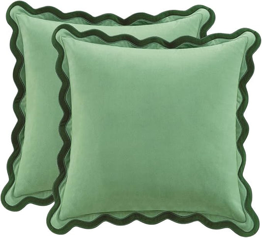 MONDAY MOOSE Decorative Throw Pillow Covers Cushion Cases, Set of 2 Soft Velvet Scalloped Wavy Edge Designs, Mix and Match for Home Decor, Pillow Inserts Not Included (Green/Light Green, 22x22 inch)