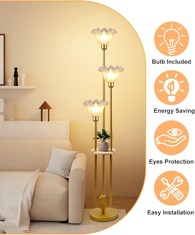 Lightdot Flower Floor Lamp for Living Room, Dimmable Vintage Floor Lamp with Shelf &3 LED Bulbs, 3 Light 3000K Soft Warmwhite Mid Century Gold Standing Lamp, Floral Tall Lamp for Bedroom Office