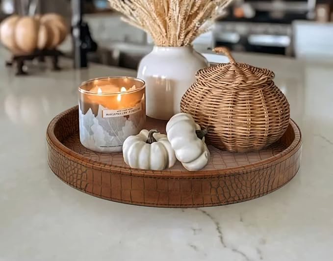 HofferRuffer Faux Leather Round Serving Tray, Vegan Croco Leather Decorative Food Tray for Storage Drinks, Snack & Cosmetics, Dia.12'' x 1.6'' (Antique Brown)