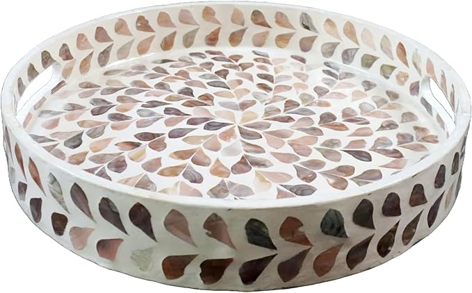 PEMAR 12.6” Mother of Pearl Round Serving Tray with Handles, Decorative Nacred Wooden Ottoman Coffee Table Tray for Dining, Party, Dinner, Breakfast in Bed (Brown Floral Pattern)