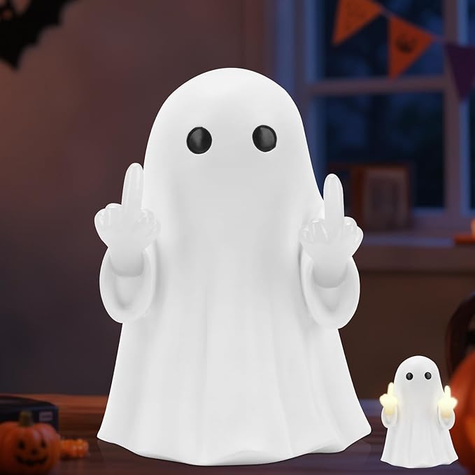 7.9 * 4.7in Halloween Ghost Figurine,Halloween Decorations Light up Ghost Spooky & Cute Finger Ornaments for Home, Desk, Party Porch Decor Indoor Decor Funny Middle Finger