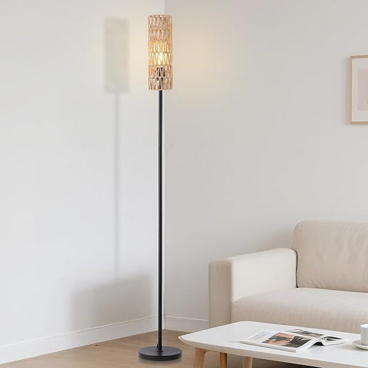 Floor Lamp for Living Room,Farmhouse Rattan Floor lamp,Modern Standing lamp with Hand-Worked Rattan Shade,Black Tall Lamp with Foot Switch，LED Bulb Included Black