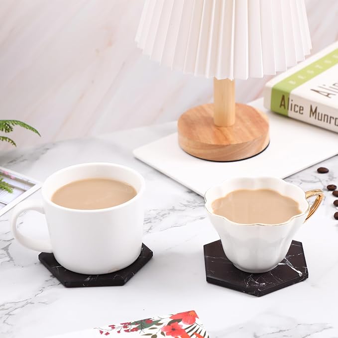 Absorbent Hexagon Black Marble Coasters for Drink with Gold Holder and Cork Base Set of 6 Decorative Tabletop Protection for Bar Kitchen Home and Dining Room