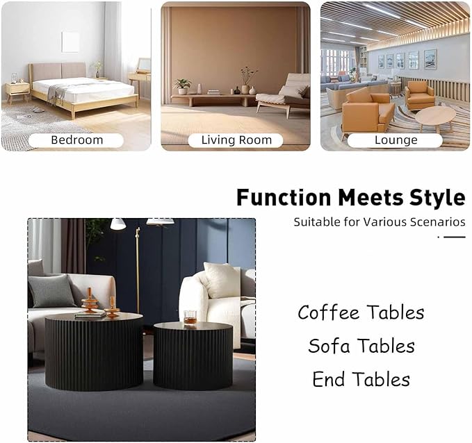 Modern Round Nesting Coffee Table Set of 2, Vertical Stripe Design Drum Coffee Table Cocktail Table, Round Side Table for Living Room, Bedroom, Office, Balcony (D19.7+27.6")