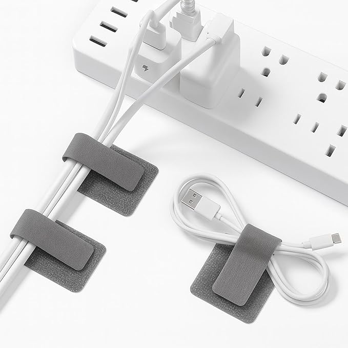 100 Pack Reusable Cable Management Ties, Adjustable Hook and Loop Cord Organizer, Strong Adhesive Wire Clips for Desk and Wall, Cable Holder for Home Office TV Computer, Grey