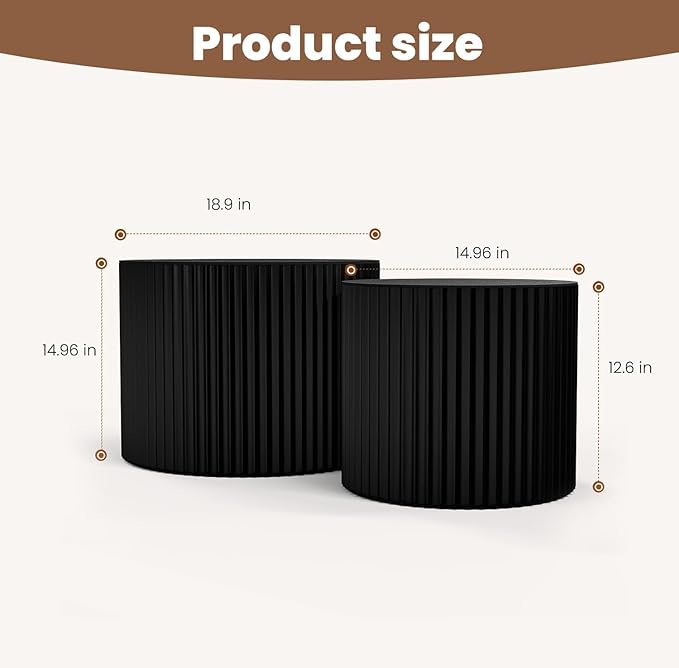 WXFKLDJ Round Nesting Coffee Table Set Cylindrical Wooden Coffee Table Sofa Center Table Circle Embossed Design Side Table for Living Room Apartment No Assembly (Round Black Small)