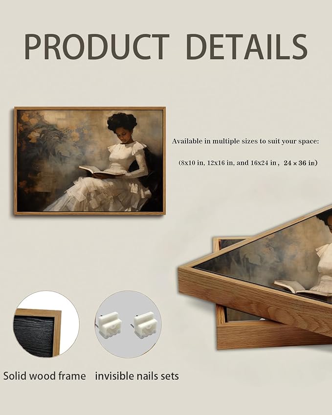 KISSFOX Vintage Portrait Framed Wall Art African American Canvas Wall Art Neutral Rustic Woman Reading Paintings Artwork Serene Countryside Art Prints For Bedroom Living Room