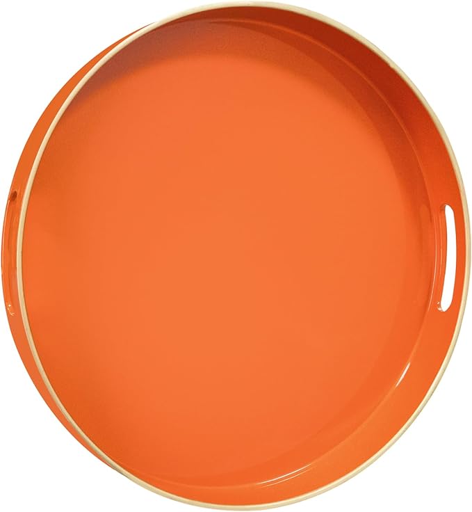 MAONAME 13" Round Tray, Orange Serving Tray with Handles, Modern Decorative Trays for Coffee Table, Plastic Ottoman Trays for Ottoman, Bathroom, Halloween Decor