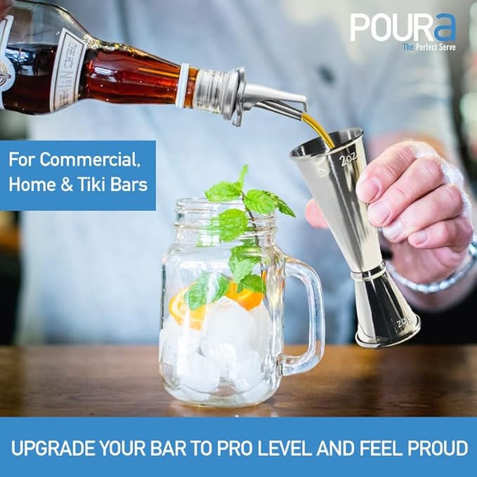 Jigger and Liquor Pourer Bar Set, Double Jigger with BPA Free ClickSeal Speed Pourers Spout - Dishwasher Safe, Universal Fit Liquor Pour Spouts